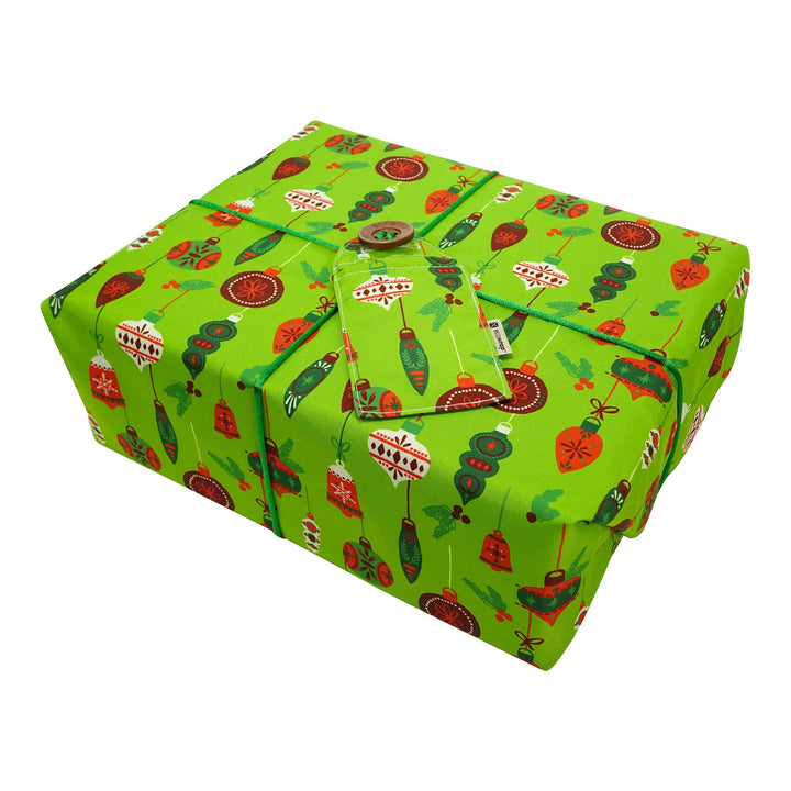 Emballage cadeau en tissu - Boules de Noël vertes